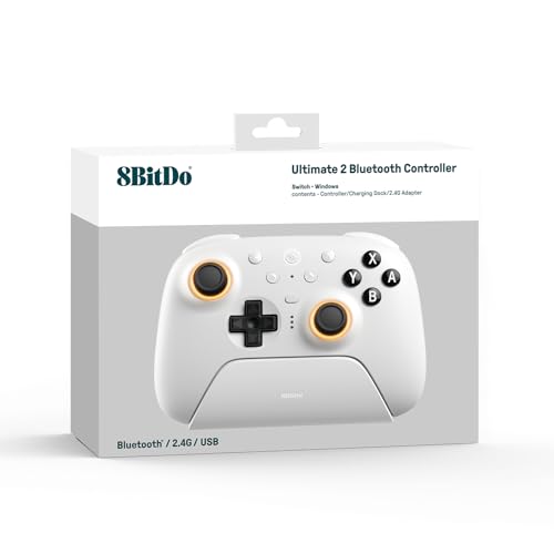 Image of 8Bitdo 8BitDoUltimate 2 Bluetooth Controller (White) - TMR Joysticks | For Switch, Windows PC, Switchable Hall Effect /Tactile Triggers, RGB Fire Ring, Charging Dock, Vibration & Motion Control