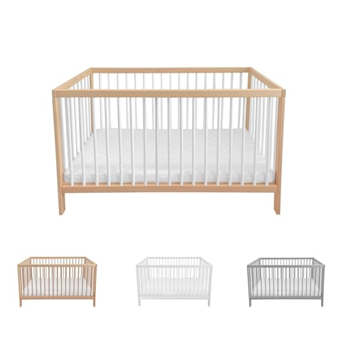 Lantigo lettino per bambini 120x60 cm Naturale e Bianco culla in legno massiccio di faggio lettino con rete a doghe regolabile 9 livelli senza materasso