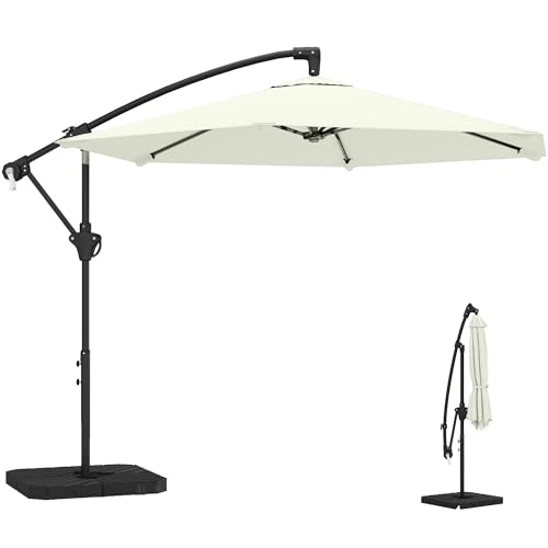 Outsunny Parasol déporté 3 m avec pied en croix et dalles lestage, parasol de jardin extérieur avec manivelle et loquet de verrouillage, toile polyester 180...