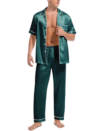 Couples Matching Pajamas Set Silk Satin Short Sleeve Sleepwear Men Button Down Loungewear Green X-Large2