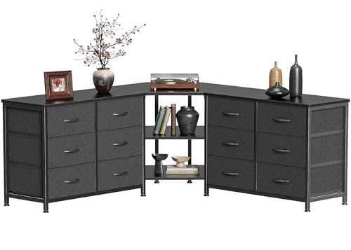 Huuger 48 Inch Black Dresser for Bedroom, Corner TV Stand for 43, 55 inch TV, L Shaped Chest of Drawer with Storage and Open Shelves, 12 Drawer Fabric Dresser for Closet, for Small Place