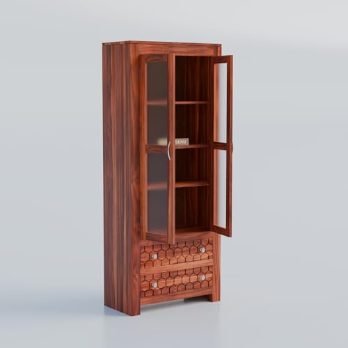 Image of Sheesham Wood Bookshelf with Glass Door for Home Library Solid Wood Bookcase Wooden Crockery Cabinet for Kitchen Book Shelf (Natural Finish)