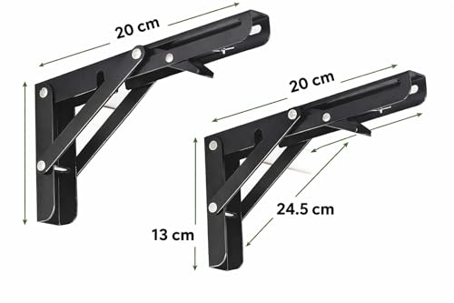 Image of L Angle Bracket 40cm Heavy Duty Foldable Wall Mounted Shelf Bracket Set with Release Arm Mechanism - Black Metal Support Brackets for Wooden Board (8 Inch)