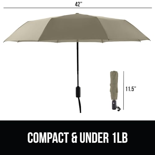 Image of GORILLA GRIP Compact Travel Size Umbrella for Rain, Sleek Design Fits Backpack, Purse and Carry On, Lightweight Under 1lb, One Click Open and Close, Wind Resistant, Durable Waterproof Quick Dry, Beige
