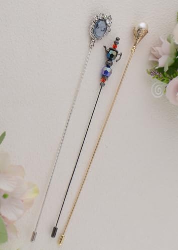 Image of Alilang Magic Lamp Pearl Lady Camo Rose Heart Rhinestones 3Pcs Vintage Long Handle Hat and Lapel Pins with Flexible Bendable Design