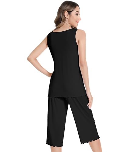 Image of NACHILA Women's Pajamas-Viscose made from Bamboo, V Neck Pjs Top with Capri Pants Pajama Set Sleeveless Sleepwear