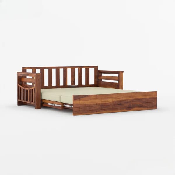 Image of Sheesham Wooden Sofa Cum Bed for Living Room with Side Pocket Storage - 3 Seater Sofa Cum Bed with Storage - 3 Person Sofa Cuma Bed Wooden with Premium Cushion Seating (Honey Finish)