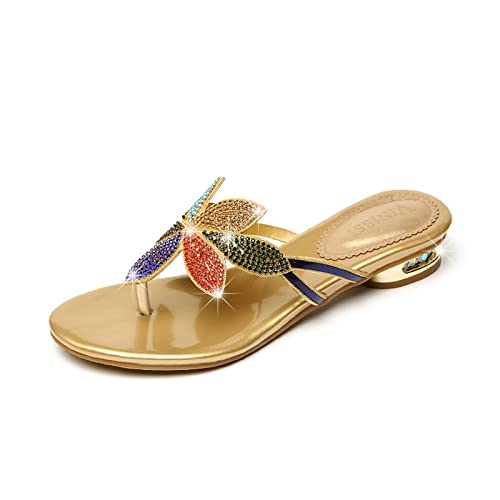 EFTCAL Sandalias de tacón bajo con diamantes de imitación para mujer, ligeras, transpirables, sin cordones, informales, de cristal, para playa, fiesta, noche, vestido, Dorado, 37 EU