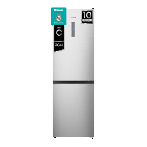 Hisense RB390N4BCC - Frigorífico Combi,No Frost, Inverter, Eficiente Clase C, Capacidad 304 L, 186 cm Al, Cajón Verduras, 4 Estrellas Congelador, Puerta Reversible, Silencioso 39dB, Color Blanco, Inox