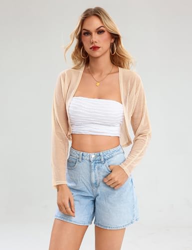 Aiboria Women's Long Sleeve Sheer Shrugs Open Front Mesh Cropped Cardigan Bolero S-XXL4