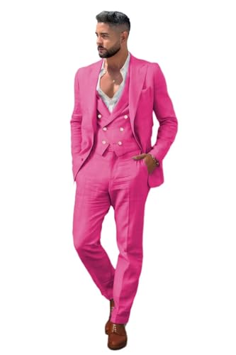 Mens Linen Suit 3 Piece Double Breasted Blazer Vest Pants Casual Peak Lapel Men's Suits for Summer Beach Wedding4