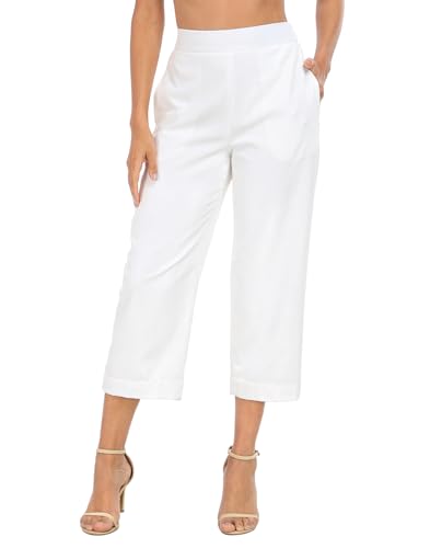 HDE Womens Pull On Linen Capri Pants Cropped High Waisted Summer Capris White - L