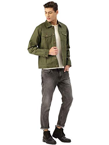 Image of Style Quotient Men Olive Solid Casual Denim Jackets