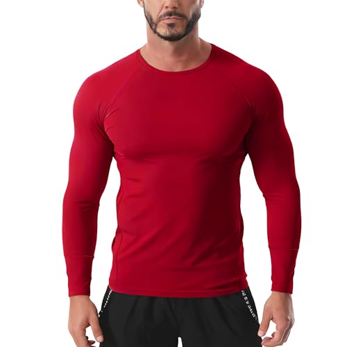 Men's Long-Sleeved Compression Base Layer Shirt - Breathable and Quick-Drying Sports Underwear, Suitable for The Gym, Running, Cycling, and Daily Base Layer Red 2XL