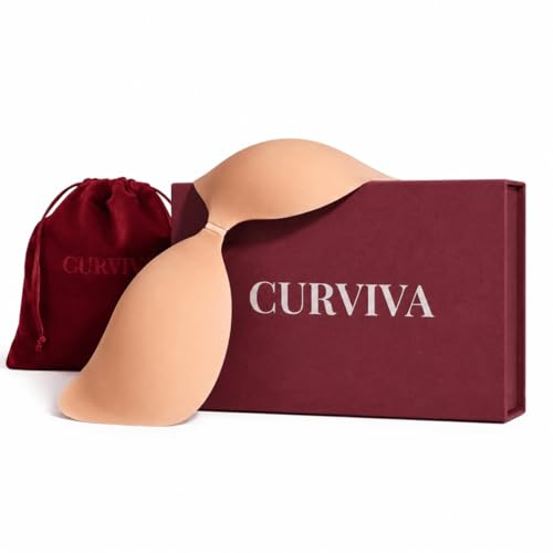 CURVIVA Sujetador Adhesivo Push Up Sin Tirantes - Invisible, Espalda Descubierta, Silicona, Talla M, Tono Miel