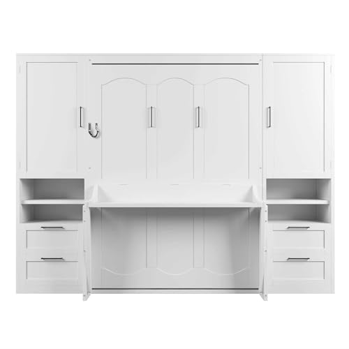 Image of Merax Full Size Murphy Bed with Desk, Closet, Drawers and Shelves, Multifunctional Foldable Wood Platform Bed Frame for Small Spaces Studio Study Office Guest Room, Space-Saving Design, White