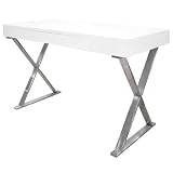 Pemberly Row Modern Computer Desk, 47' L x 22' W x 30' H, Poplar and Engineered Wood, White Lacquer and High Gloss Finish, Stainless Steel Frame, Chrome Silver Legs, Sleek Office or Study Desk