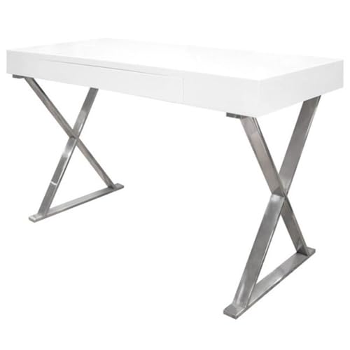 Pemberly Row Modern Computer Desk, 47" L x 22" W x 30" H, Poplar and Engineered Wood, White Lacquer and High Gloss Finish, Stainless Steel Frame, Chrome Silver Legs, Sleek Office or Study Desk