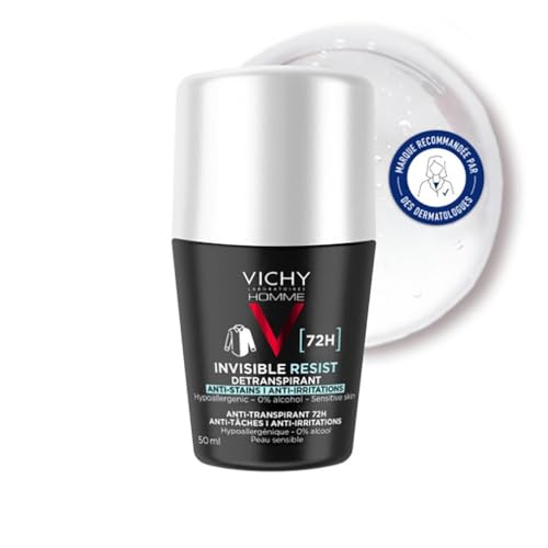 Vichy Homme, Invisible Resist, Déodorant Roll-On, Détranspirant à l'Efficacité Longue Durée 72 H, Anti-Taches Jaunes et Blanches, Adapté aux Peaux Sensibles, Lot de 2x50 ml