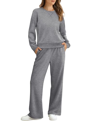 Saloogoe Two Piece Sets for Women Lounge Sets 2 Piece Outfits Casual Sweatsuits Women\'s Athletic Clothing Sets Matching Track Suits Wide Leg Sweatpants Gray 2XL