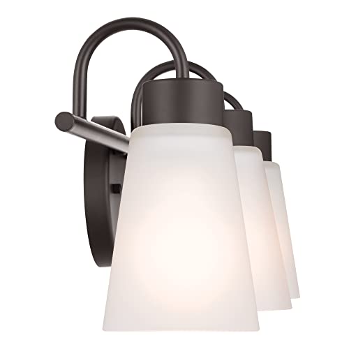 Image of Kichler Erma 3-Light Bathroom Vanity Light Fixture with Satin Etched Glass Shades, Traditional Wall Mount Lighting over Mirror in Olde Bronze, 23 x 8.5 in, 45887NI