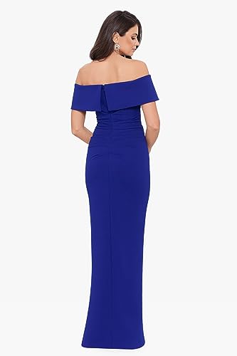 Image of Xscape Women's Off Shoulder Straight Neck Evening Gown with Foldover Cuff, Side Ruffle, Leg Slit, Fitted Formal Dress