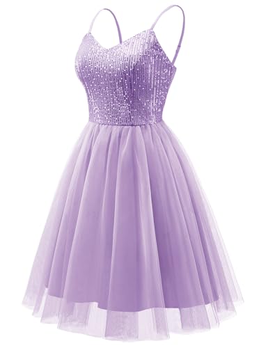 Image of Dressystar 2026 Women's Tiered Sparkly Sequin Glitter Formal Prom Dress Mini Spaghetti Strap Tulle Cocktail Party Dresses