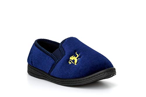 Boys' Comfy Slip-On Slippers - Twin Gusset, Football & Lion Motif - Navy, UK 12