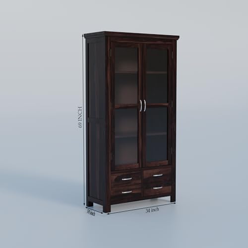 Image of Krishna Wood Decor Wood Big Book Shelf for Home Library | Wooden Bookshelf Cabinet with Acrylic Glass Door Storage | Home Furniture Crockery Kitchen Cabinet | Books Rack for Shelves | Walnut Finish