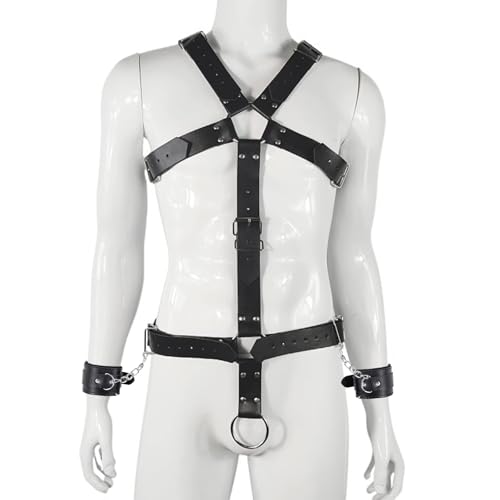 Herren Punk Body Brust Harness Männer Leder Geschirr mit Handschellen & Penisring,Gothic Männer Kleidung Bandage Kostüme Herren Sexy Sklave Clubwear,BDSM Fesseln Sexspielzeug für Paare Extrem Sex