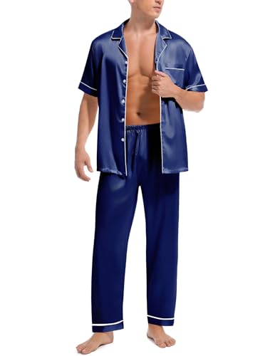 Couples Matching Pajamas Set Silk Satin Short Sleeve Button Down Loungewear with Long Pant2