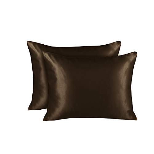 Image of BLISSFORD Brown Satin Pillowcase with Zipper, for Hair and Skin Care, Feels Soft and Cool Like a Silk Pillowcase, Satin Pillow Cases 2 Pack, Slik Pillow Cover, Queen Size, Set of 2