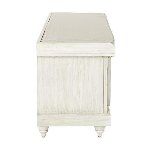 OSP Home Furnishings Dover Coastal Lift-Top Storage Bench with Shutter Face Styling, White Wash Finish with Off-White Fabric Cushion
