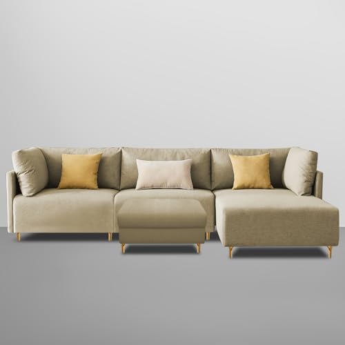 Image of Carina RHS 4 Seater L Shape Sofa Set with Center Table for Living Room (Cream Fabric) Premium Fabric Sofa