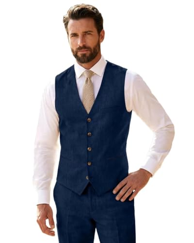 High-End Suits Navy Blue Linen Suit Vest Pant Set 2