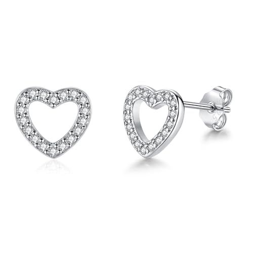 Image of Loutade Sterling Silver Heart Stud Earrings - Hypoallergenic Mini Cartilage Sleeper Simple Love Heart Shape Flat Silver Stud Earrings with Cubic Zircon