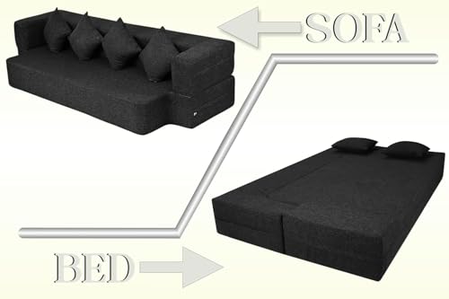 Image of C-Type Sofa Cum Bed 3-Seater Convertible Jute Fabric Sofa with 4 Cushions, Modern Space-Saving Design for Living Room & Guest Room (Black Color)