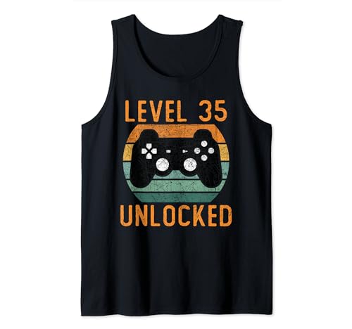 Level 35 Unlocked Funny Video Gamer 35th Birthday Camiseta sin Mangas