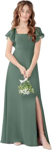 GATMAHE Flutter Sleeves Ruched Chiffon Junior Bridesmaid Dresses Square Neck A Line Flower Girl Dress with Slit