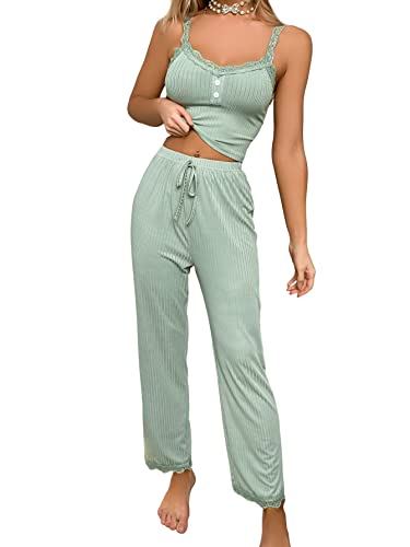 Verdusa Women's 2 Piece Lace Trim Button Front Cami Top & Pants Pajama Lounge Set Mint Green S #TOP14