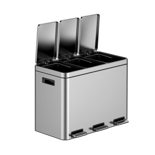 GarveeHome 12 gal Rectangular Recycling Trash Can with 3 Compartments, Silver, 45 L (4+4+4 gal)