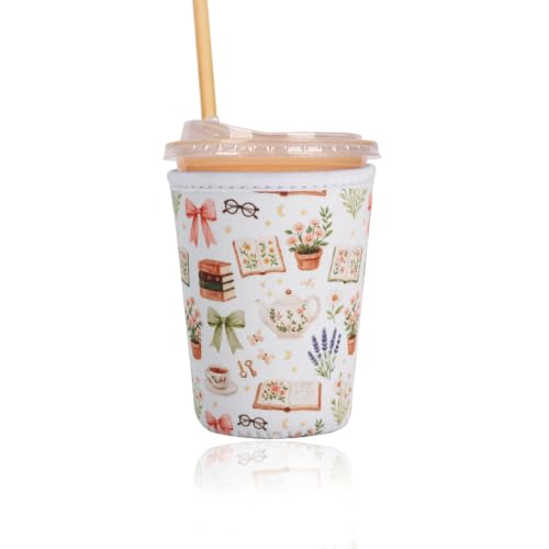 Image of Reusable Insulated Sleeve for Iced Coffee Cup, Coffee Neoprene Sleeve for Cold & Hot Drinks, Beverage Holder for Iced Coffee (Coffee Notes, Small: 16-18oz)