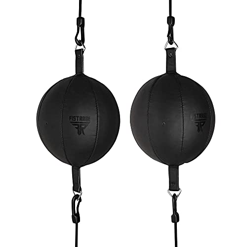 FISTRAGE Double End Leather Training Dodge MMA Boxing Floor to Ceiling Punching Speed Ball Bag Kit Rope Bean Ball Hanging Swivel Kicking Workout for Fitness. (Black)
