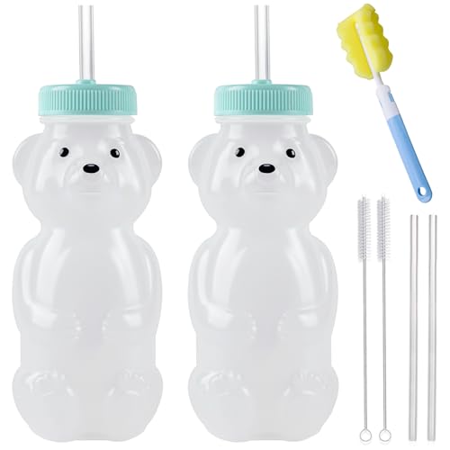 Honey Bear Straw Cups, Juice Bear Bottle Drinking Cup Long Straws with 4 Flexible Straws & Cleaning Tools, 8-Ounce Therapy Sippy Bottles for Speech and Feeding Training, Food-Grade & BPA Free 2 Pack