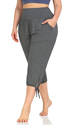 Zerdocean Women's Plus Size Yoga Capri Pants Lounge Indoor Casual Comfy Relaxed Joggers With Pockets Dark Gray 1X #TOP2