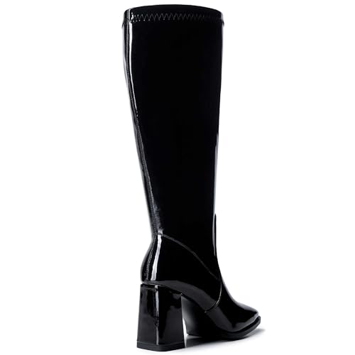Image of Knee High Boots for Women - Wide Calf Boots with Zipper, Square Toe Tall Leather Boots, Chunky Heel Fashion Long Boots