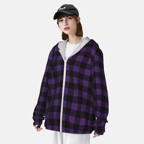Zip Up Hoodie for Men Women - Purple Black Plaid Hooded Sun Long Sleeve Shirt Men Women with Pockets4