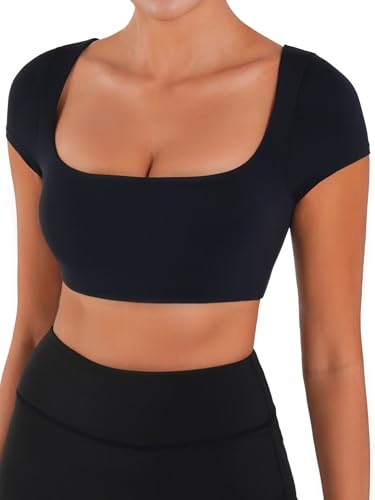 Sunzel Womens Short Sleeve Crop Top with Built in Bra Athletic Yoga T Shirt Casual Fitted Workout Gym Active Tee with Padding
