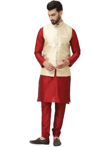 Image of SOJANYA (Since 1958 Men's Silk Blend Kurta Pyjama With Self Design Nehru Jacket