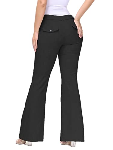 Flamingals Women's Stretchy Low Waist Pants With Pockets Flare Leg Dress Pants Petite Slacks For Office Work Business Black L #TOP1